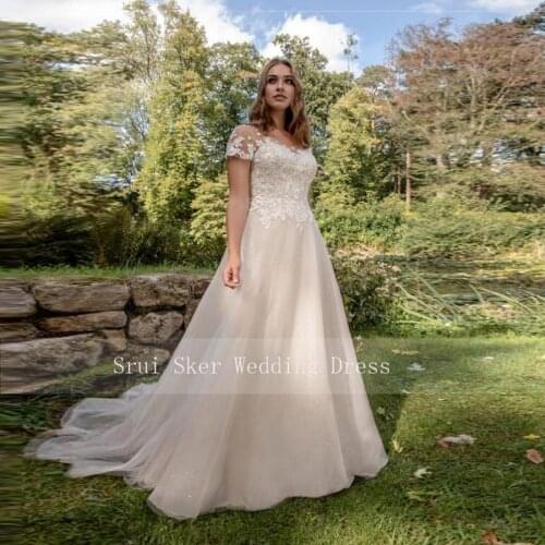 Beautiful Short Sleeve Wedding Dress A-Line Champagne 2020 Custom Made Bridal Dresses Plus Size