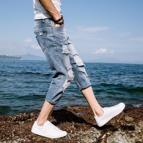 2020 Summer thin washing denim Cropped trousers Distressed mens loose Ripped hole trousers cropped 3/4 jeans calf-length pants