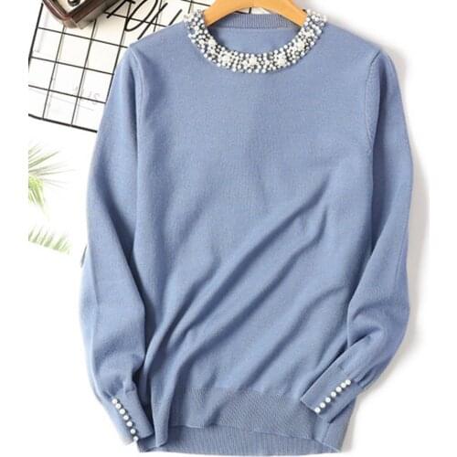 Ele-choices Fashion Solid Color Beading Round Neck Sweater Pullover Women Loose Knitted Top Autumn Winter