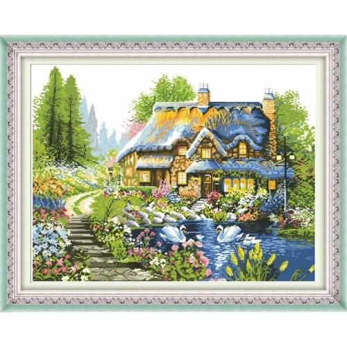 New Needlework 11CT DIY Precision Printing Cross Stitch Sets for Embroidery Kits Cross-Stitch Swans Lake Landscape