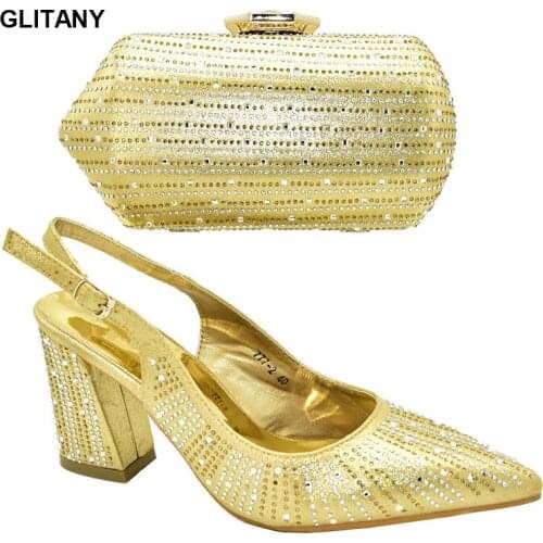 New Ladies Italian Shoes and Bag Set Gold Color African Shoes and Bag Set Decorated with Rhinestone Ladies Sandals with Heels
