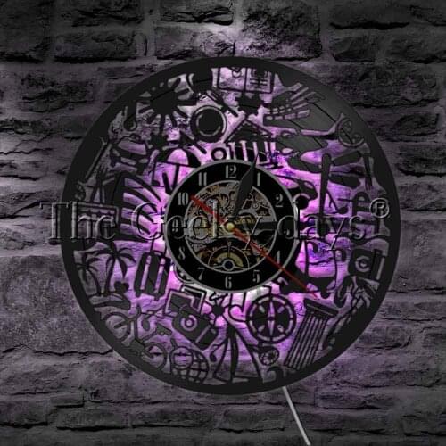 Travel Around The World LED Wall Light Vinyl Record Wall Clock Vacation Tourism Delicacy Wall Watch Decorative Lighting