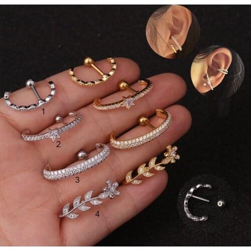 Exaggerated Fashion C-Shaped Ear Piercing Earrings Jewelry for Women Zircon Ear Bone Nails Stainless Steel Screw Earrings Gift