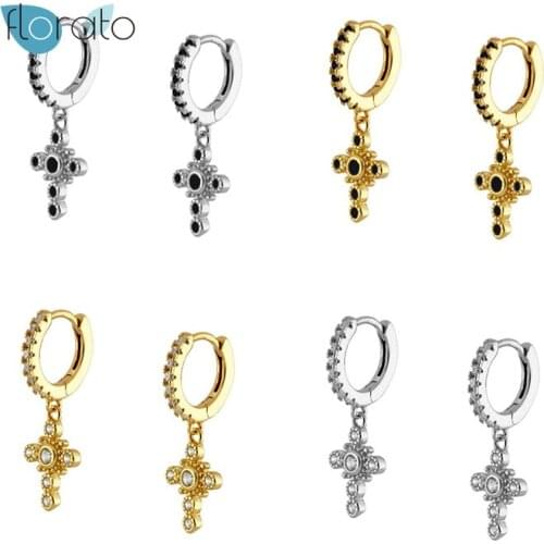925 Sterling Silver Cross Pendant Drop Earrings Black Zirconia Huggie Hoop Earrings for Women Christmas Xmas Gifts Jewelry