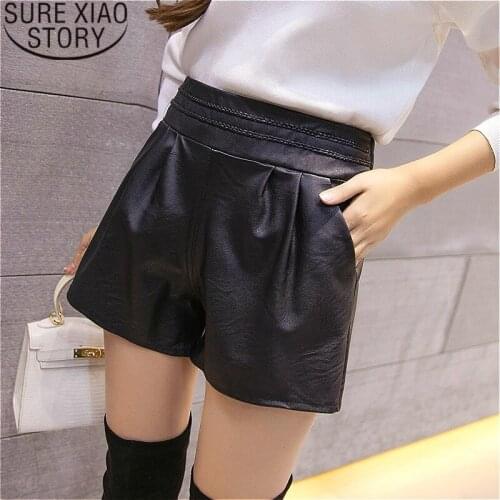 Black leather shorts for women plus size shorts women black shorts women high waisted Straight Solid Elastic Waist fashion 1915