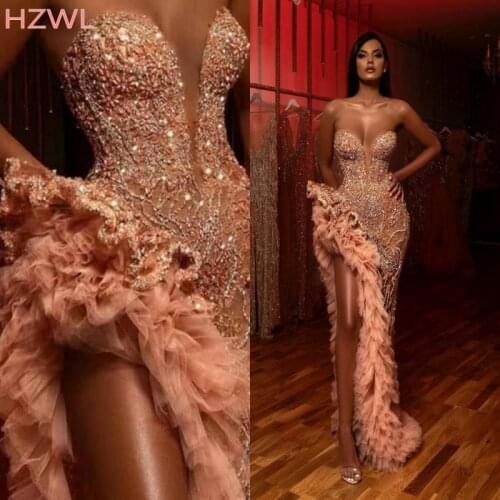 Gorgeous Sweetheart Crystals Beaded Prom Dresses 2020 Sexy High Slit Evening Gowns Formal Party Dress