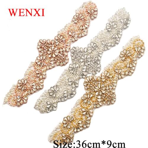 WENXI 1PCS Hand Beaded Rhinestones Appliques Sewing Clear Silver Crystal For Wedding Dress Belt Iron On WX908