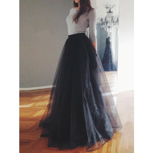 Elegant Women Long Skirts 4 Layers 100CM Maxi Tulle Skirt A Line Floor Length Elastic High Waist Wedding Ball Gown Tutu Skirt