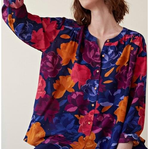 Women Shirt 2019 New Retro Peony Print Fashion Wild Slim Shirt