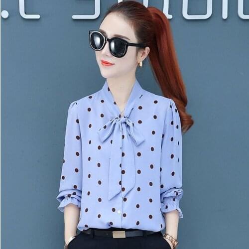 Spring Polka Dot Print Chiffon Blouses Women Lace-up Bow Office Elegant Shirts Tops Long Sleeve V-neck Blusas Mujer DD2614