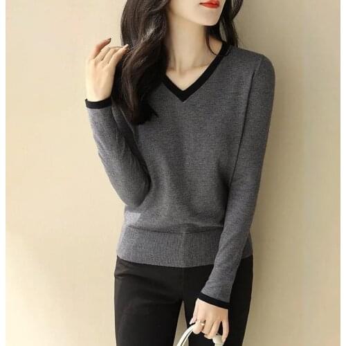 Vintage Patchwork Slim knitted sweater Women Sexy V-neck Black knitted tops Female Autumn Office Lady Long sleeve Base Knitwear