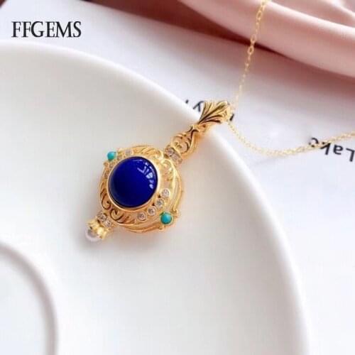 FFGEMS Real Lapis Lazuli Pendants Sterling 925 Silver Natural Gemstone Necklace Fine Jewelry Women Wedding Party Gift