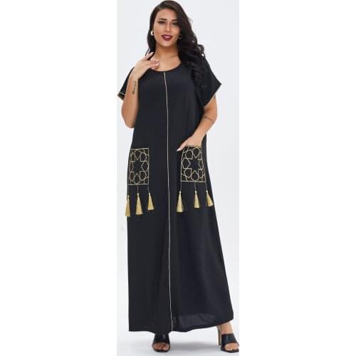 Elegant Embroidery Abaya Dress For Women Ramadan Eid 2021 Muslim Arabic Oman Turkey Moroccan Kaftan Pocket Robe Jalabiya Black