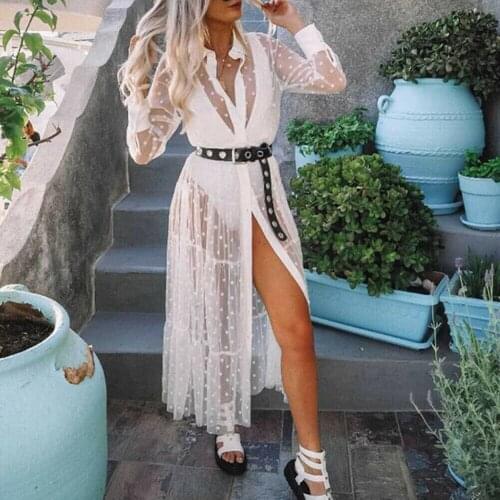 Women Summer Mesh Sheer Transparent Polka Dot Lace Cover up V Neck Button Down Maxi Dress See-through Party Clubwear Beach Dress