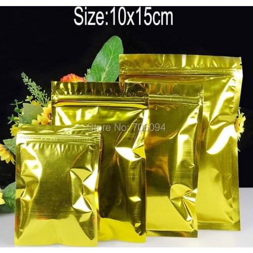 200PCS 10*15cm(3.94''*5.91'') Shiny Gold Ziplock Aluminuming Plastic Reclosable Pouch Self seal Gold Plastic bag for tea gifts