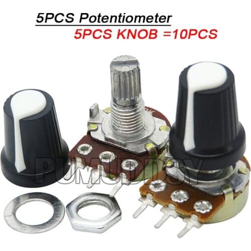 5 Sets WH148 1K 10K 20K 50K 100K 500K Ohm 15mm 3 Pin Linear Taper Rotary Potentiometer Resistor For Arduino With AG2 White Cap