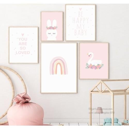 5D Diamond Painting Nordic Dreamy Cartoon Animal Pink Rainbow Flower Crown Swan Rabbit Poster For Baby Girls Room Decoration