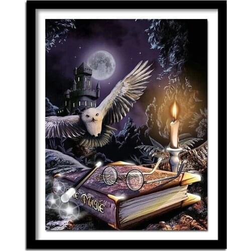 5D Diy Diamond painting Cross stitch Owl animal Diamond embroidery Magic book Full round Diamond moon castle