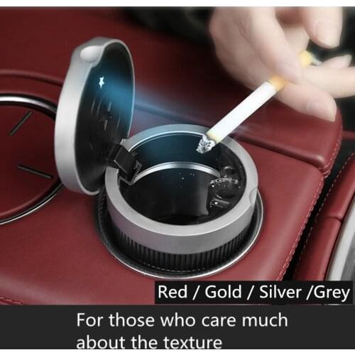 Car ashtray for cigarettes with lid and led light portable gold silver red grey cup holder for men fine craftmanship texture