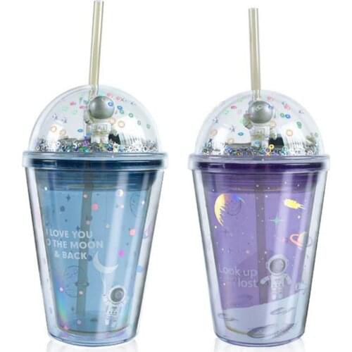 Double Layer Straw Cup Creative Space Wandering Theme Heat Insulated Plastic Water Cups 380 ML for Household Office School