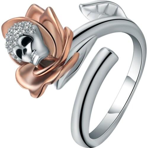 Hainon Fashion Skull Womens Ring Open Silver color Punk Rock Rings Charm Female Inlaid Rose gold color Rose Rings