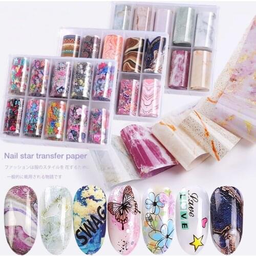 Nail Transfer Foil Set Holographic Marble Flower Butterfly DIY Nail Stickers Fingernail Decals Manicure Decoration Accessories