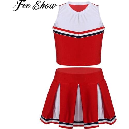 2Pcs Kids Girls Cheerleader Costume Outfit Sleeveless Crop Top with Pleated Skirt Set for School Stage Performance Cosplay Party