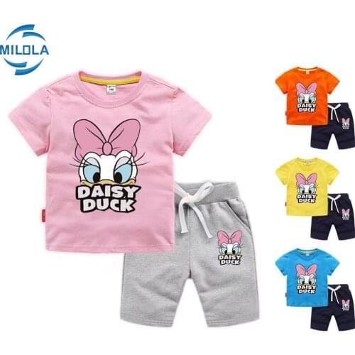 Disney Daisy Duck Baby Boy Girl Clothes Print Summer Short Sleeve T shirt+ Pants Toddler Set Casual Cotton Children Clothing