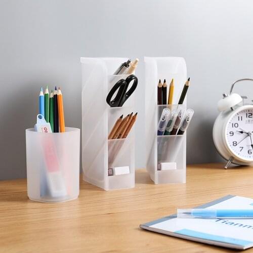 Multi-function 4 Grid Desktop Pen Holder Office School Storage Case Clear White Black Plastic Box Creative Pen Pencil Organizer