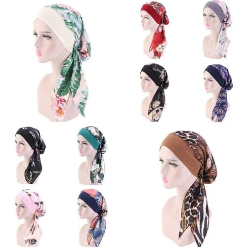 DIY Muslim Turban Hats Women fashion Headscarf Stretch Bonnet Wrap Bandana Caps Underscarf Islamic Hair Loss Cap Hijab Long Tie