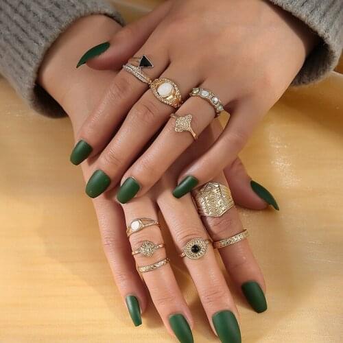 10Pcs/Set Horse eye Round Ring Set for Women Metal Gold Punk Anillos Bohemia Vintage Geometry Feather Finger Rings Party Gift