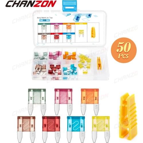 50 pcs Car Fuse Set ATM Mini Auto Blade 2A 3A 5A 7.5A 10A 15A 20A Fast Blow Motorcycle Automotive Electric Motor Assorted Kit