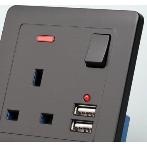 Wall Socket UK Plug 2 USB Charger Port Outlets Plate Single Switch Black