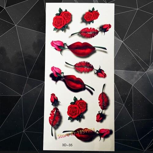New Fashion Sexy Women 3D Red Lips With Roses Temporary Tattoo Sticker A3D-35 Lady Party Design Tattoo Body Art Lipsticks Tatoo