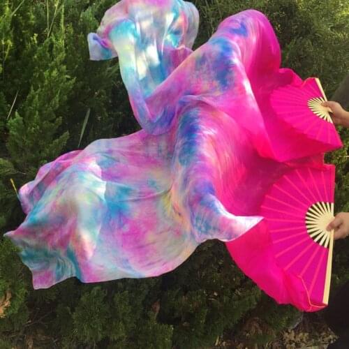 Wholesale dyed 100% pure natural silk fan veils for belly dance sexy 180cm long silk fan for dancer show on the stage A pair