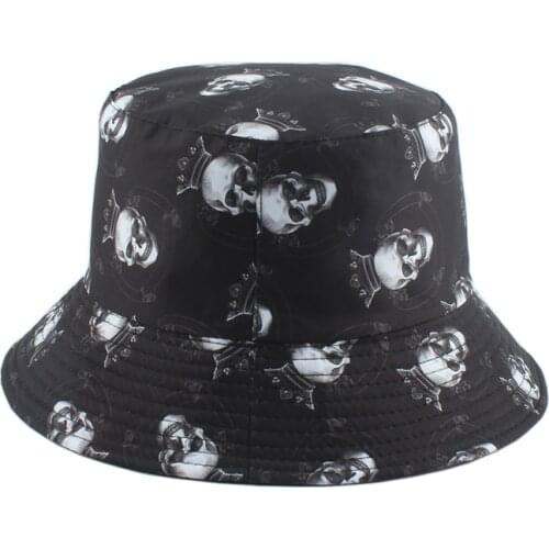 Fashion Skull Print Black Bucket Hat Women Women Harajuku Hip Hop Bucket Cap Double Side Fisherman Hat Fishing Beach Sun Hats