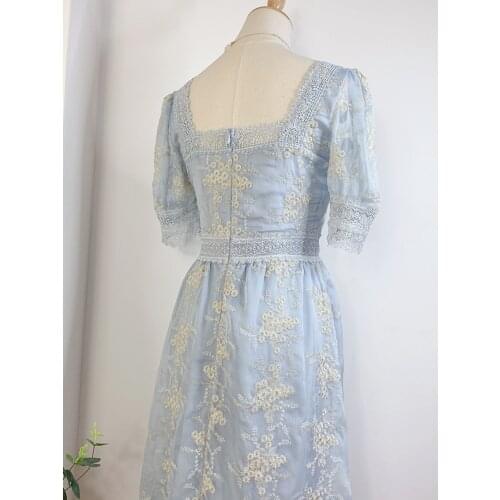 2021New Sweet Soft Girl A Line Dress Summer Lace Embroidery Button Decor Party Dresses Casual Street Boho Vestidos Midi Feminino