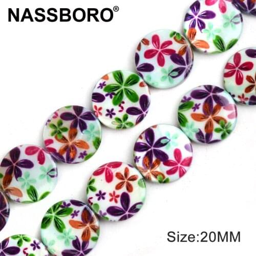 20mm Flat Round Shape Shell Beads Two Sides Pattern Printed Spacer Beads for Jewelry Making DIY Necklace Bead Materials 15"