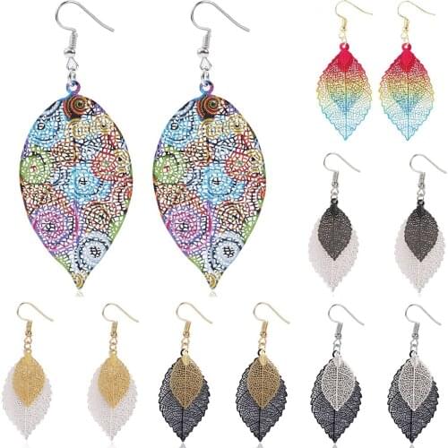 Simple Retro Earhook Bohemian Colorful Multi-layer Cut-out Tassel Leaf Earrings 2021 Fashion Jewelry Women Leaf Pendant Earrings