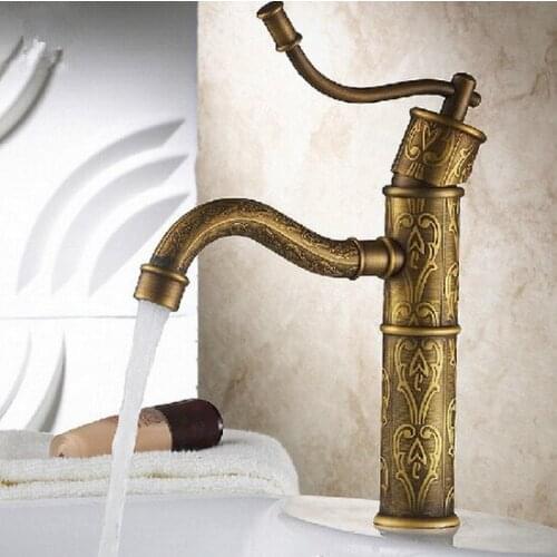 Bamboo Style Vintage Retro Carved pattern Antique Brass Bathroom Sink Basin Mixer Tap Faucet One Hole Single Handle mnf166