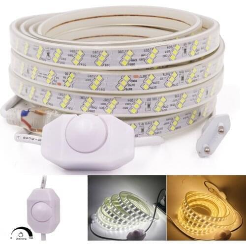 AC220V LED Strip Light + Dimmer SMD2835 180Leds/m High Bright Flexible LED Tape Waterproof LED Stripe Ribbon EU EU Plug 1-10m