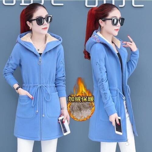 Women Fleece Jacket Coat 2021 Autumn Winter Warm Plush Coats Long Hooded Zipper Drawstring Sweatshirt Ladies Lambswool Overcoat