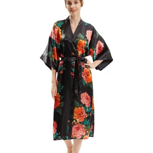 Womens Peony Print Long Black Kimono Robe Blouse Kimono Cover Up Loose Cardigan Top Outwear