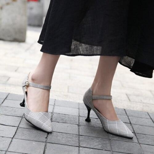 Big Size 9 10 - ladies high heels women shoes woman pumps One - word buckle check round head