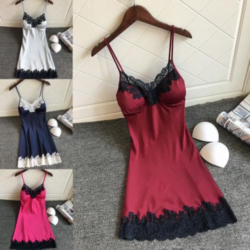 Women Silk Lace Backless Short V-Neck Mini Dress Nightdress Nightgown Babydoll Strap Solid Night Dresses