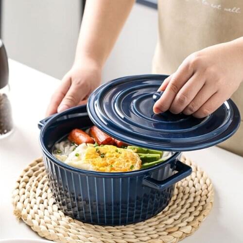 1200ml Household Large Soup Bowl With Lid Simple Ceramic Double Ear Bowl With Cover Salad Bowl Instant Noodle Bowlc Big Soup Bow