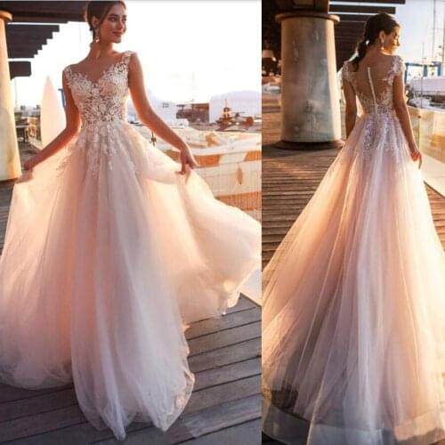 2021 Beach Country Lace Appliques A Line Wedding Dresses Sheer Scoop Neck Tulle Long Bridal Gowns
