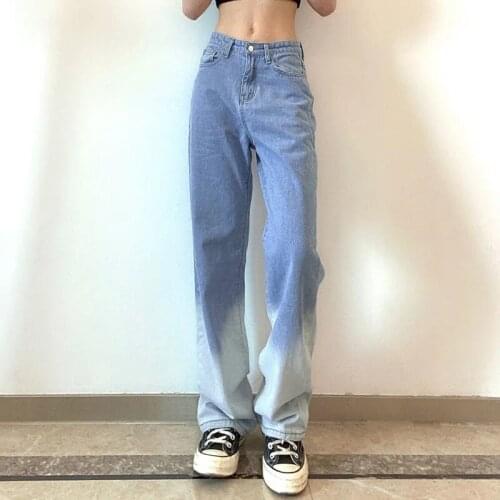 Spring Summer Casual Gradient Straight Jeans Korean Fashion Long Leisure Joker Trousers Woman Contrast Color Baggy Denim Pants