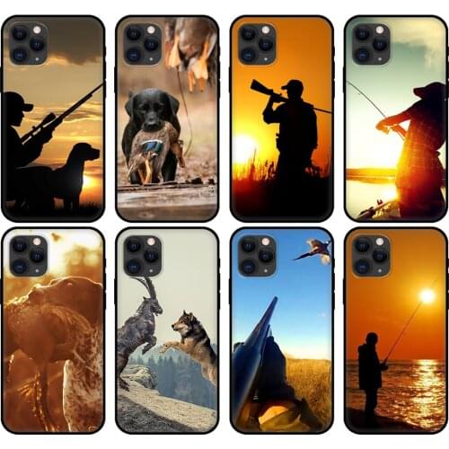 Black tpu case for iphone 5 5s se 6 6s 7 8 plus x 10 cover for iphone XR XS 11 pro MAX case Hunting dog and fishing man