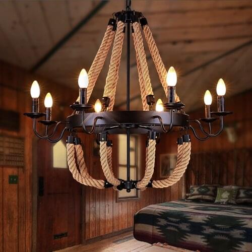 E14 American personality living room ROPE +WROUGHT IRON Chandelier